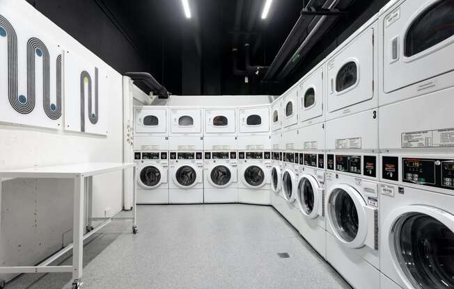 a row of washers and dryers in a laundry room