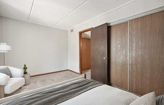 Model Classic Unit Bedroom with Carpet and Window View  at Elevate on Parkway, Minnesota, 55337