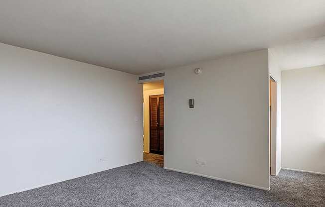 A room with a carpeted floor and a door in the background.