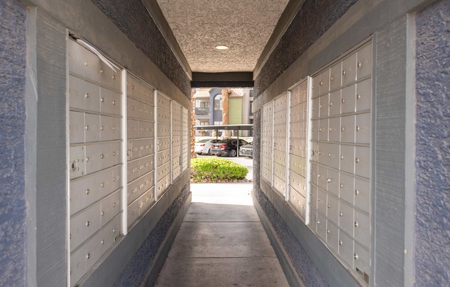 a row of lockers on the side of a building