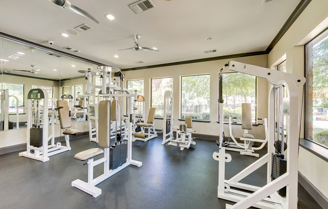 View of Fitness Center, Showing Multiple Weight Stations, Ceiling Fan, and Mirrors at Enclave on Golden Triangle Apartments