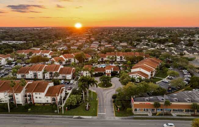 Dusk drone shot showing full property