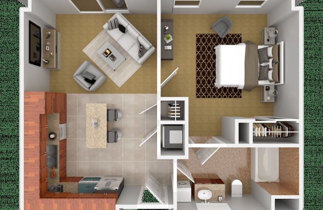 A 3D floor plan of a house showing a kitchen, living room, dining room, and bathroom.