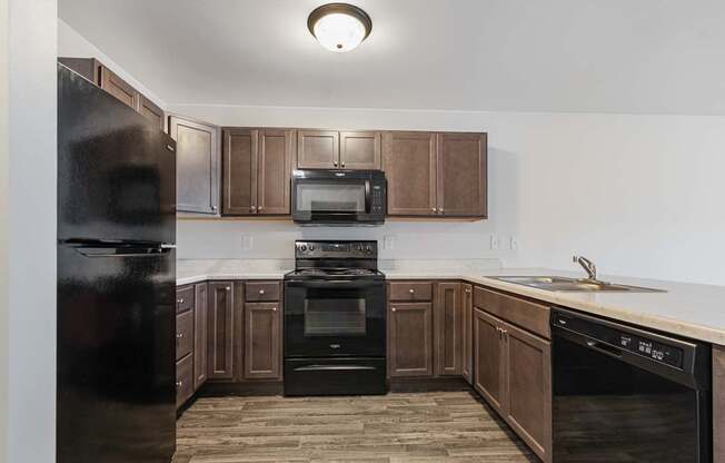 A kitchen with a black fridge, black oven, and black stove top.