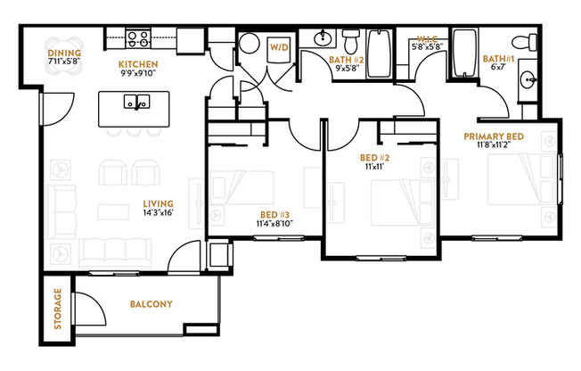 3 beds, 2 baths, 1,204 sqft, $1,975, Unit B201