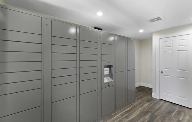 A Row of Package Receiving Lockers in the Parcel Area with a White Door and Plank Flooring at Park 210 Apartment Homes, Washington