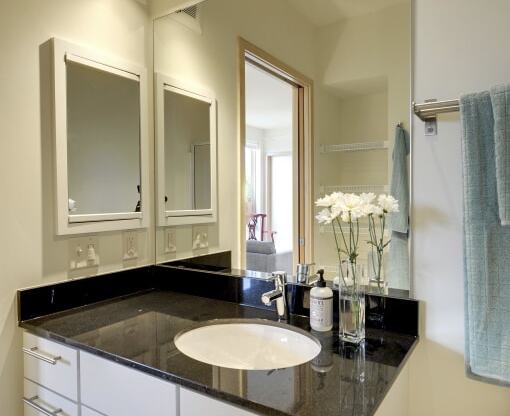 Bathroom in the Flat D, studio apartment floor plan with large mirror, towel bar, white cabinets and black granite countertop