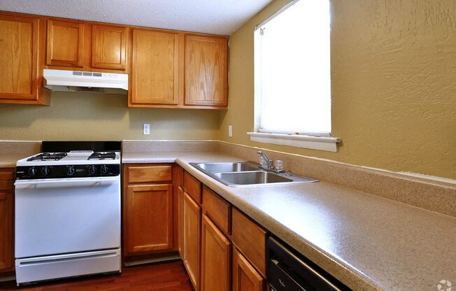 a kitchen with a stove and a sink