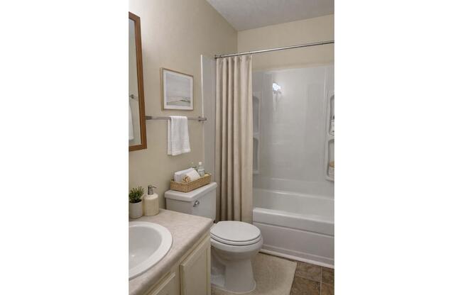 A well-organized bathroom featuring a white bathtub with a glass shower curtain, a toilet, and a sink with a countertop. Decor includes a small potted plant, framed artwork, towels, and toiletries neatly arranged on a shelf. Neutral color palette enhances the calm ambiance.