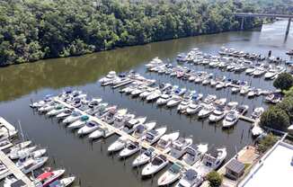 a marina filled with boats on a river