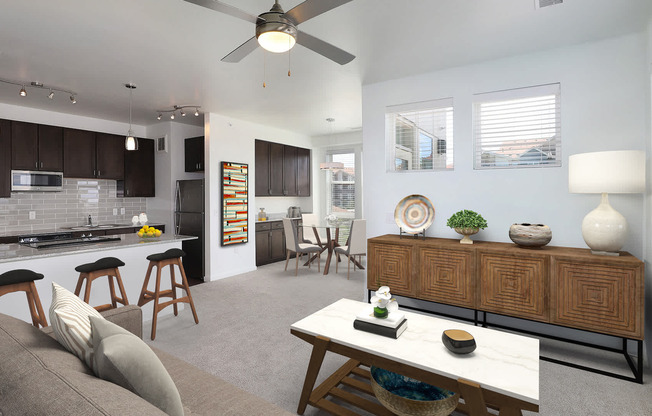 Kitchen and Carpeted Living Room