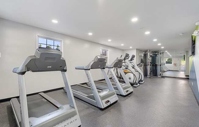 a row of treadmills in a gym with cardio equipment