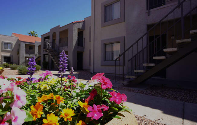 A flower bed in front of a building with a staircase.