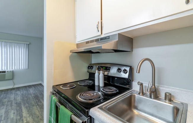 an apartment kitchen with a sink and stove and a microwave