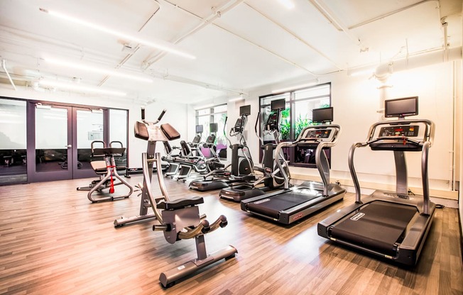 A gym with treadmills, exercise bikes, and other equipment.