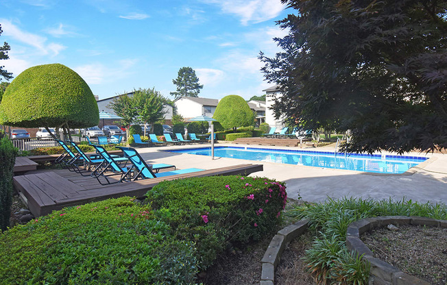 a swimming pool with lounge chairs and trees and shrubs