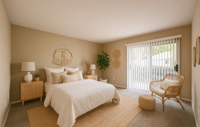 A bedroom with a large bed, a chair, and a plant.