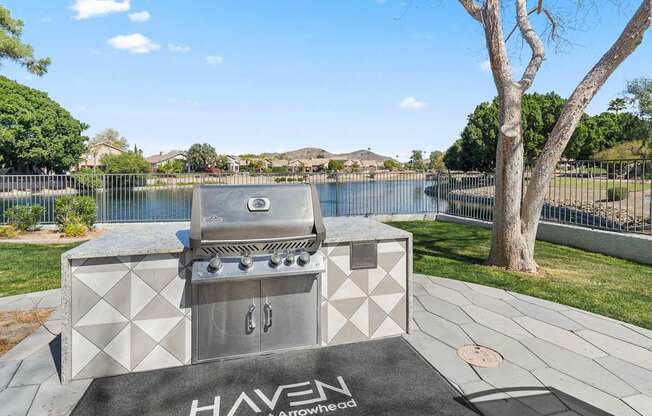 A modern outdoor grill with the brand name HAVEN of Atwater.