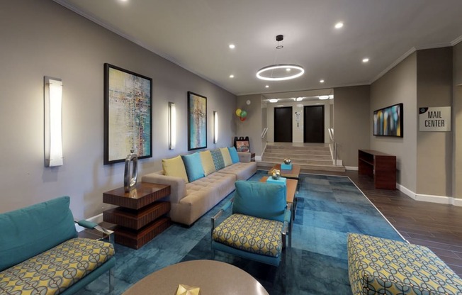 Lounge area in the leasing center at Bridgeyard in Alexandria, VA