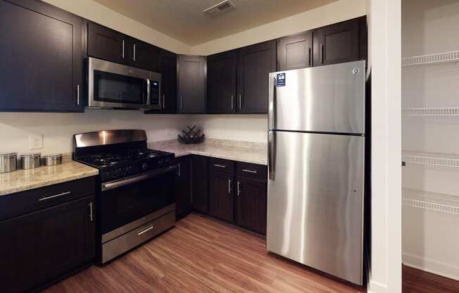 a kitchen with stainless steel appliances and a pantry
