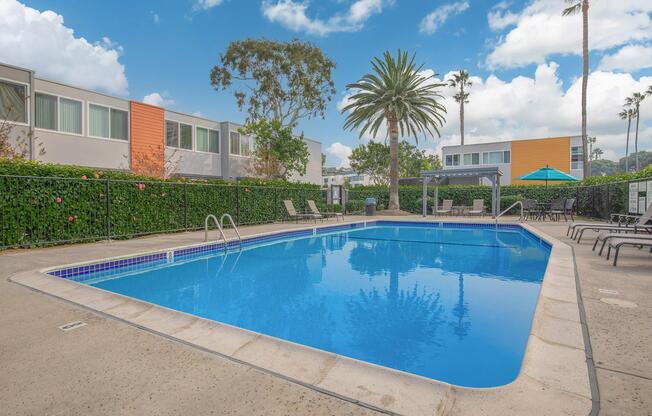 a pool next to a building