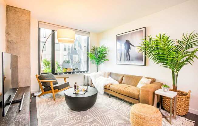 A living room with a brown couch, a coffee table, and a large window.