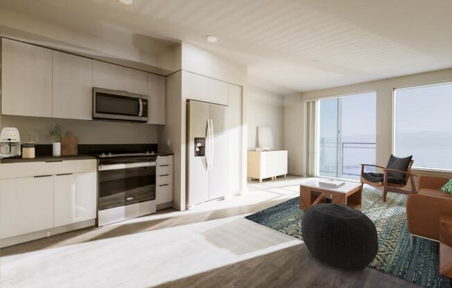 a rendering of a hotel room with a kitchen and living room at Marina Square, Bremerton, WA, 98337