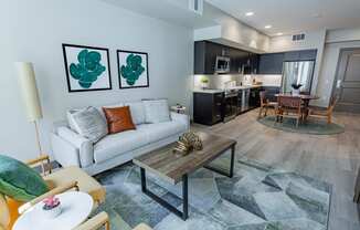 Living Room With Sofa, Coffee Table, Area Rug, Chairs And Floor Lamp. at Bayswater Apartments, Burlingame