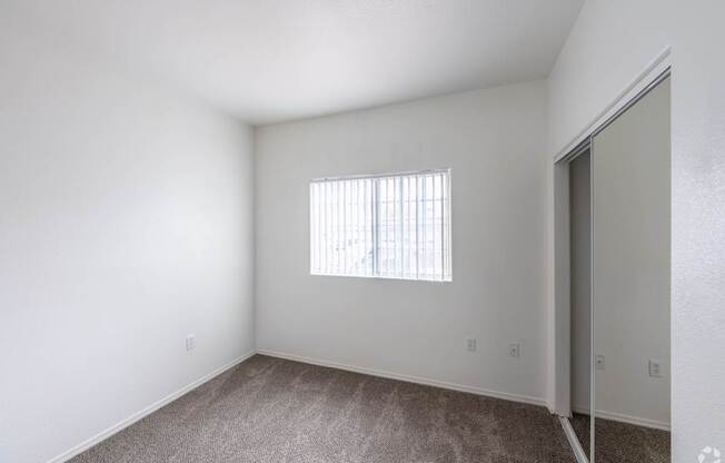 A room with a carpeted floor and a window with blinds.