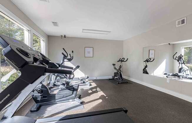 A room with treadmills and exercise bikes.