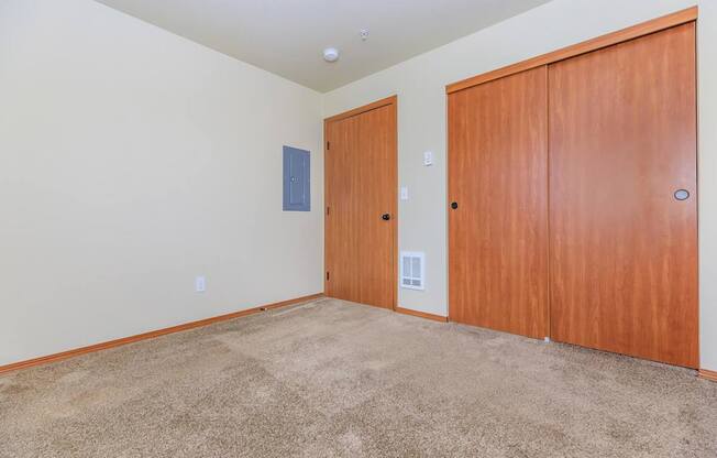 A room with a tan carpet and two wooden doors.