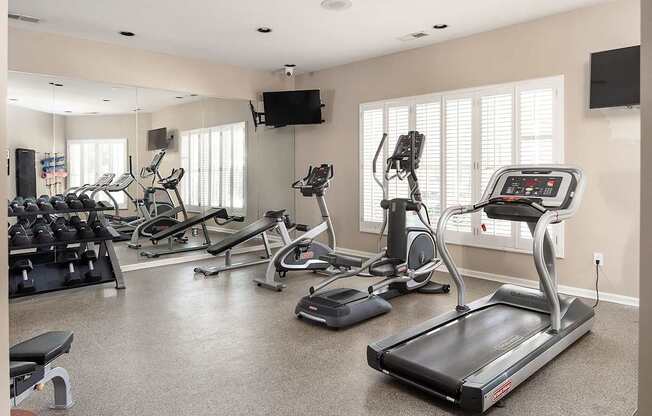 A spacious home gym with treadmills, elliptical machines, and a television.