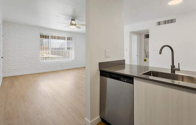 A kitchen with a stainless steel dishwasher and a black trash can.