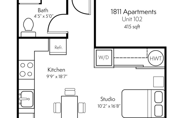 Studio, 1 bath, 415 sqft, $1,695