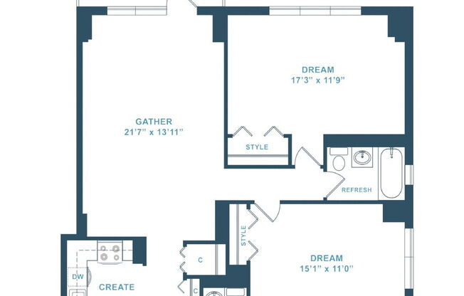 2 beds, 1.5 baths, 961 sqft, $3,203