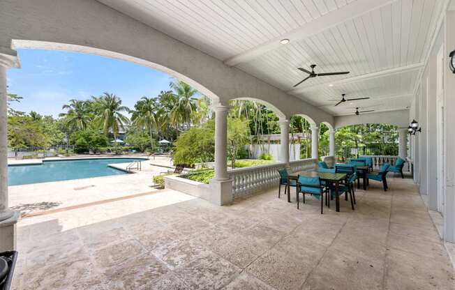 a covered patio with a table and chairs next to a swimming pool