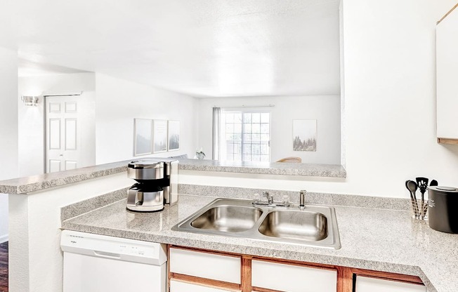 Kitchen with Double Basin Sink, Grey Counters and Breakfast Bar