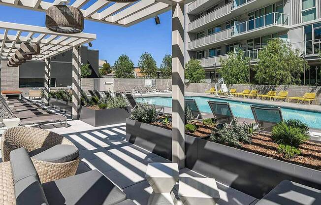 shaded pool deck lounge at K1 Apartments, San Diego, CA 92101