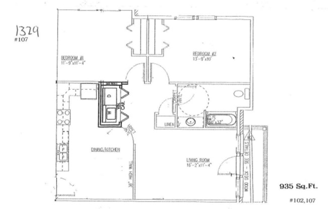 2 beds, 1 bath, 935 sqft, $1,075, Unit 107