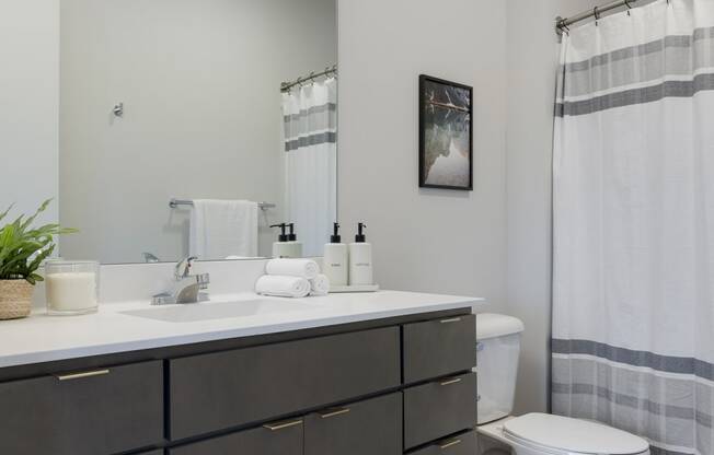 a bathroom with a toilet sink and shower in a 555 waverly unit