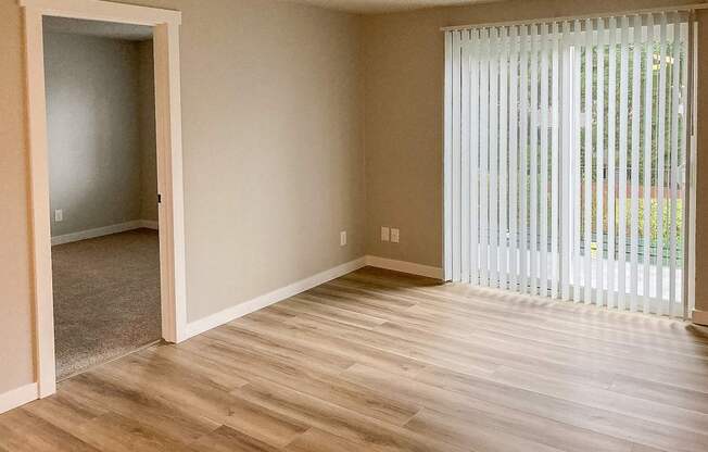 A room with a wooden floor and a sliding glass door.