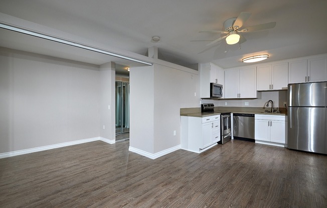 Studio kitchen and living area with bedroom separation