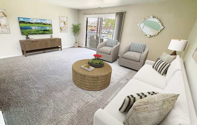 A living room with a white couch, grey chairs, and a wooden coffee table.