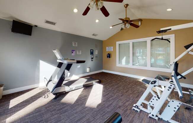 Three Bedroom Apartments in Ontario CA - Rancho Vista - Community Gym With a Treadmill, TV, Two Ceiling Fans, and Various Other Exercise Machines