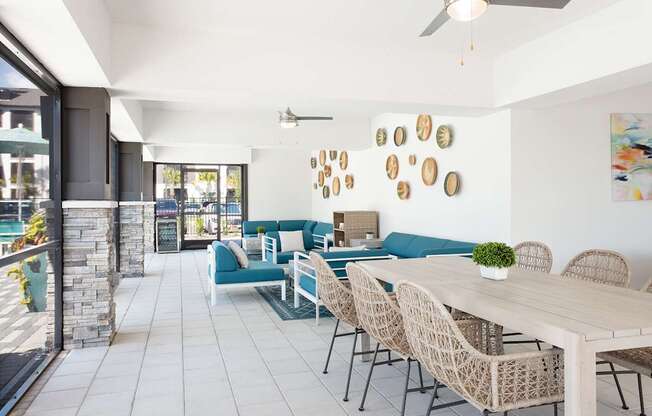 A patio with a table and chairs is shown.