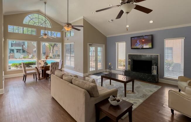 a living room with a couch and a table