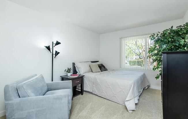 A cozy bedroom featuring a bed with light bedding, a bedside table with a plant, a comfortable gray armchair, and a tall black cabinet. Natural light streams in through a window with simple blinds, and a decorative indoor plant adds a touch of greenery to the serene space.