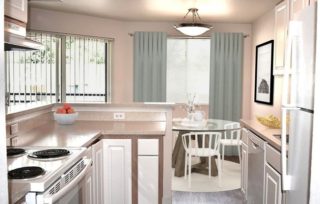 Kitchen with a fridge and stove with a cooktop looking out to the dining area which has a round glass table and chairs, an overhead light, and glass doors leading outside.at Sitka Heights, Fife, WA