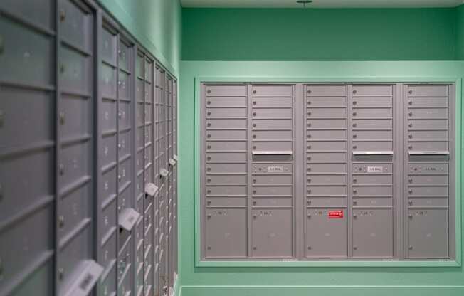 a row of lockers in a room with green walls