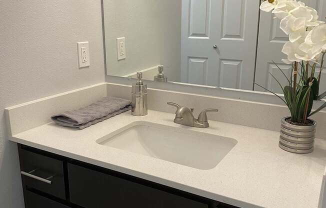 A bathroom with a sink, mirror, and black cabinets.